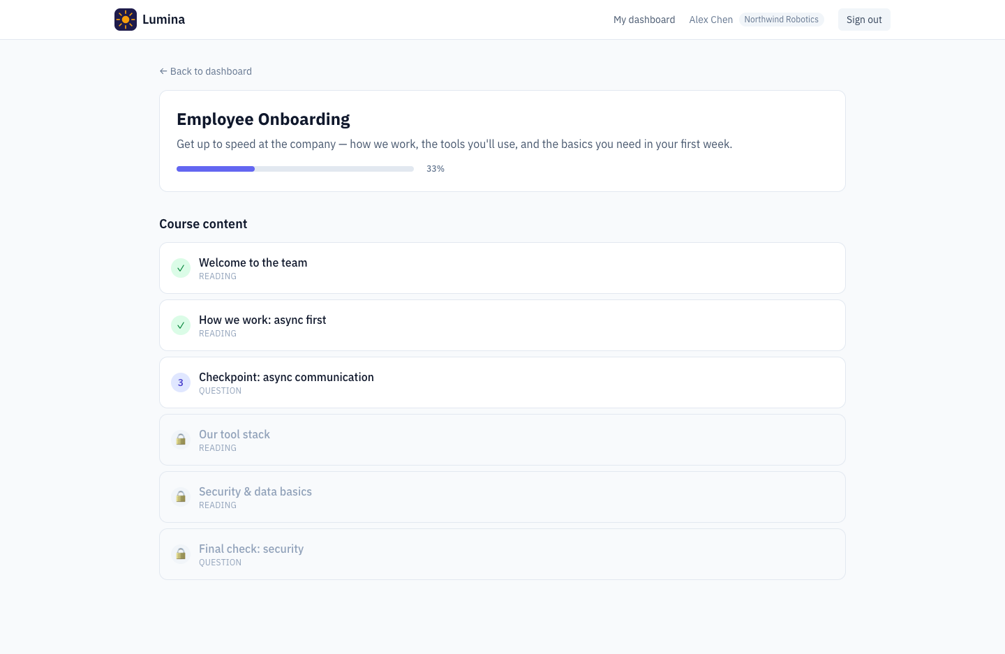 The Next Elearning — learner course view with sequential steps